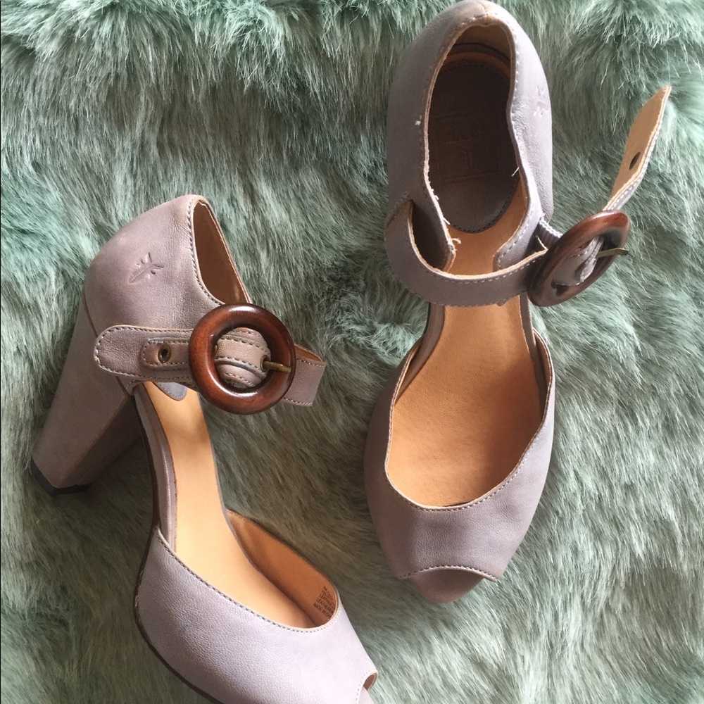 Frye Lavender Gray Block Heel Maryjanes with Wooden Ring Buckle
